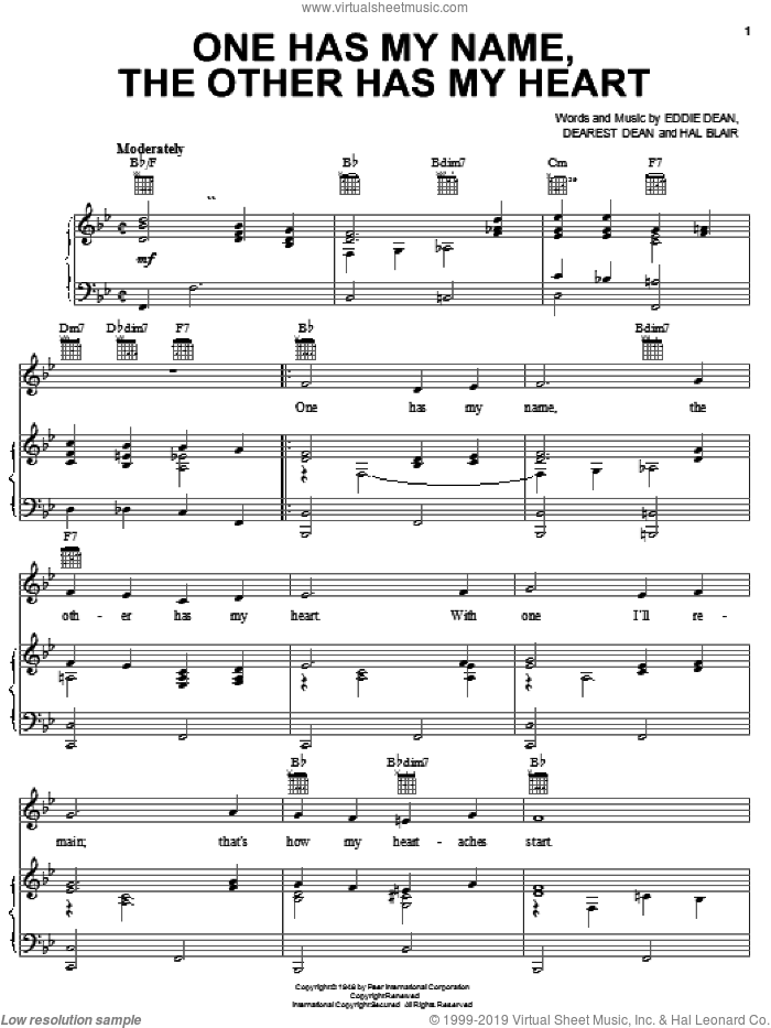 One Has My Name, The Other Has My Heart sheet music for voice, piano or guitar by Jerry Lee Lewis, Dearest Dean, Eddie Dean and Hal Blair, intermediate skill level