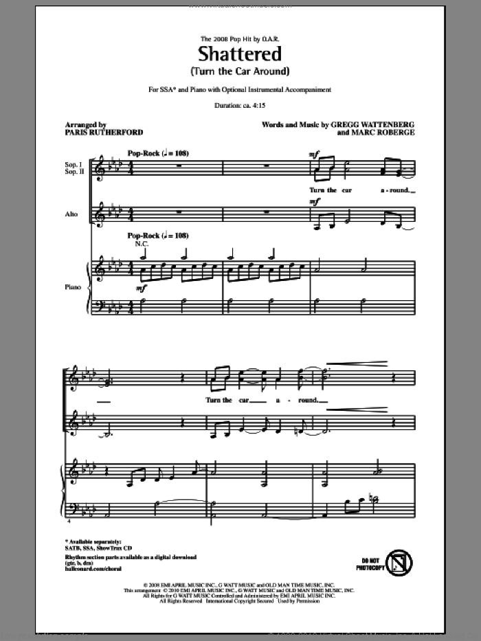 Shattered (Turn The Car Around) sheet music for choir (SSA: soprano, alto) by Paris Rutherford, Gregg Wattenberg, Marc Roberge and O.A.R., intermediate skill level