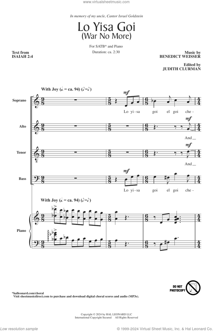 Lo Yisa Goi sheet music for choir (SATB: soprano, alto, tenor, bass) by Judith Clurman, Benedict Weisser and Isaiah 2:4, intermediate skill level