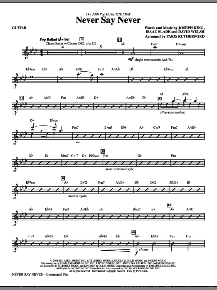 Never Say Never (complete set of parts) sheet music for orchestra/band (Rhythm) by Paris Rutherford, David Welsh, Isaac Slade, Joseph King and The Fray, intermediate skill level