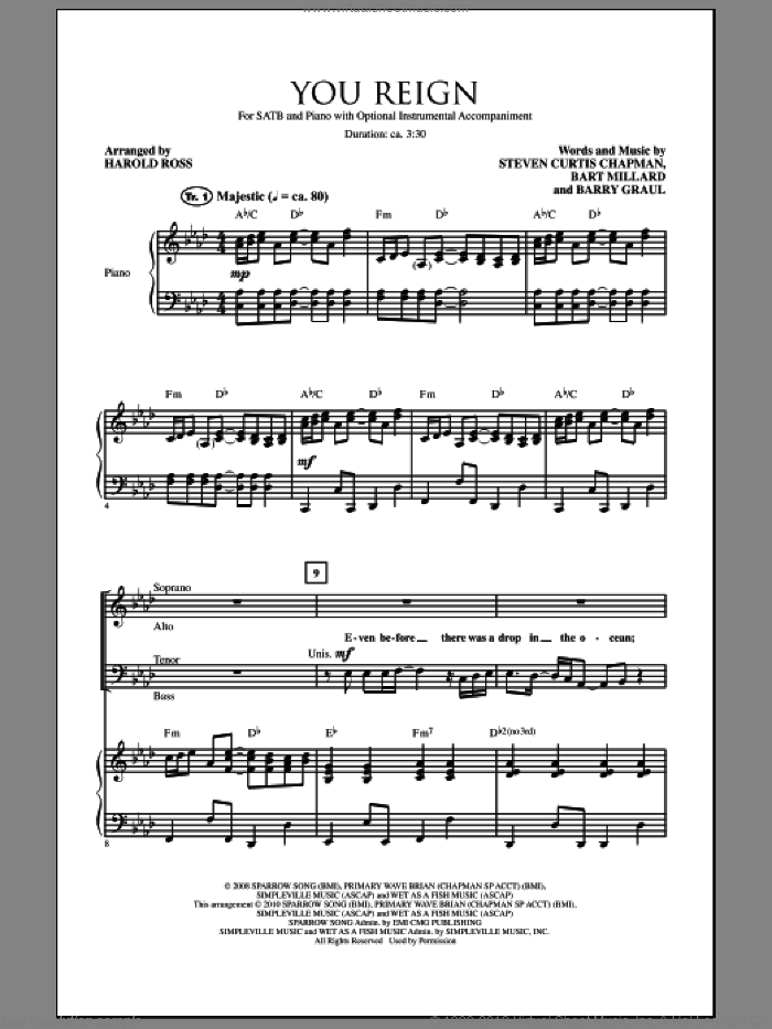 You Reign sheet music for choir (SATB: soprano, alto, tenor, bass) by Steven Curtis Chapman, Barry Graul, Bart Millard, Harold Ross and MercyMe, intermediate skill level