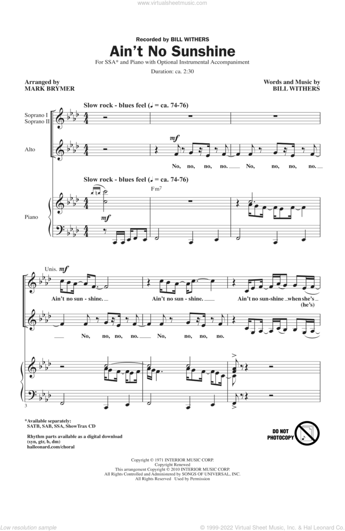 Ain't No Sunshine (arr. Mark Brymer) sheet music for choir (SSA: soprano, alto) by Bill Withers and Mark Brymer, intermediate skill level