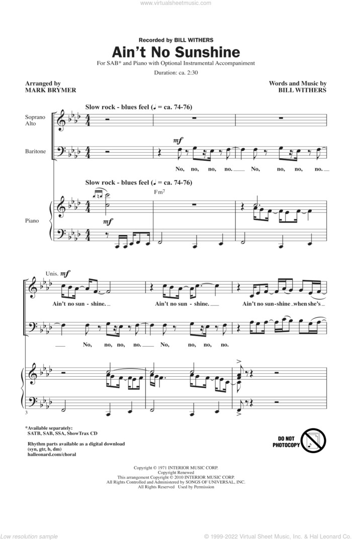 Ain't No Sunshine (arr. Mark Brymer) sheet music for choir (SAB: soprano, alto, bass) by Bill Withers and Mark Brymer, intermediate skill level