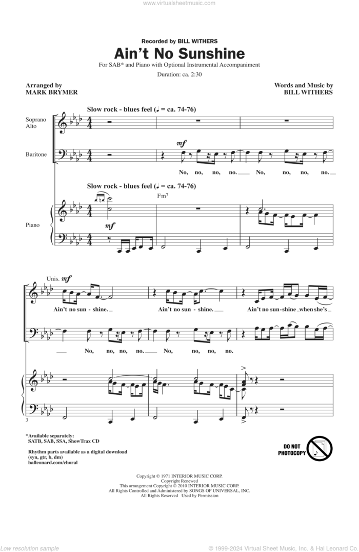 Ain't No Sunshine (arr. Mark Brymer) sheet music for choir (SAB: soprano, alto, bass) by Bill Withers and Mark Brymer, intermediate skill level