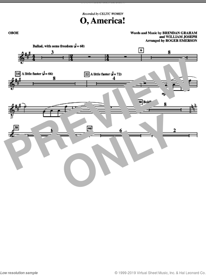 O, America (complete set of parts) sheet music for orchestra/band (Special) by Roger Emerson, Brendan Graham, Celtic Woman and William Joseph, intermediate skill level