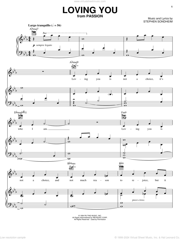 Loving You sheet music for voice, piano or guitar by Stephen Sondheim and Passion (Musical), intermediate skill level