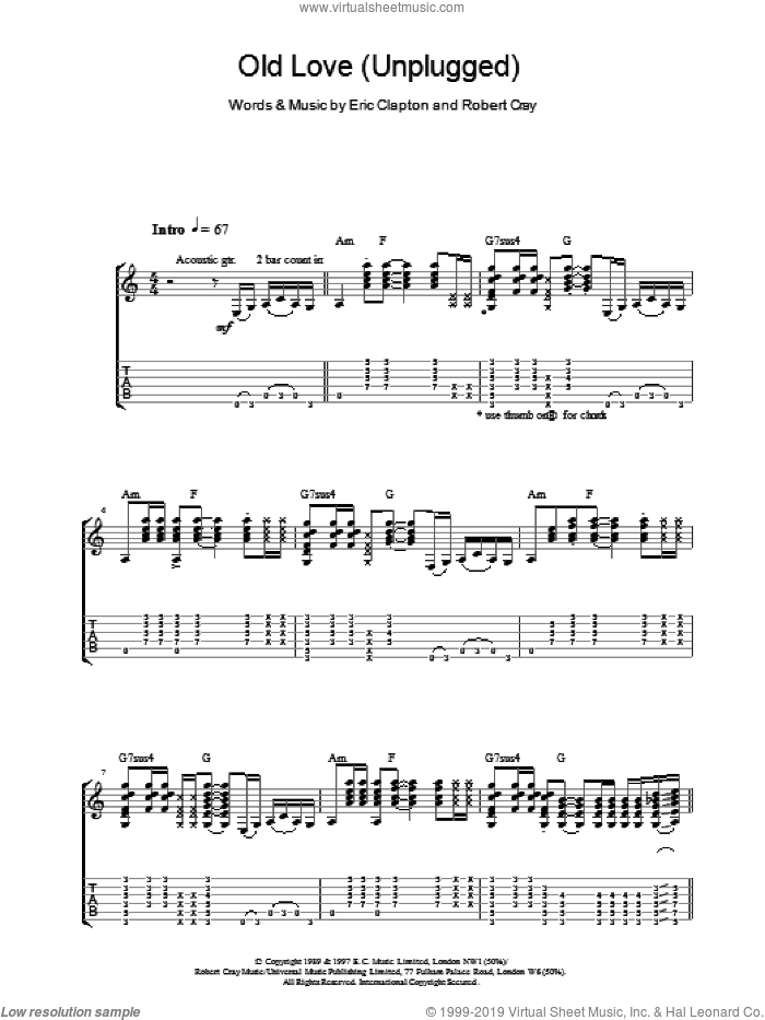 Old Love (Unplugged) sheet music for guitar (tablature) by Eric Clapton and Robert Cray, intermediate skill level
