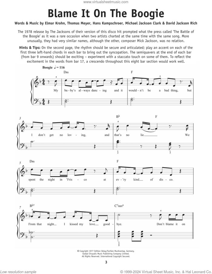 Blame It On The Boogie sheet music for piano solo by The Jackson 5, David Jackson Rich, Elmar Krohn, Hans Kampschroer, Michael Jackson-Clark and Thomas Meyer, beginner skill level