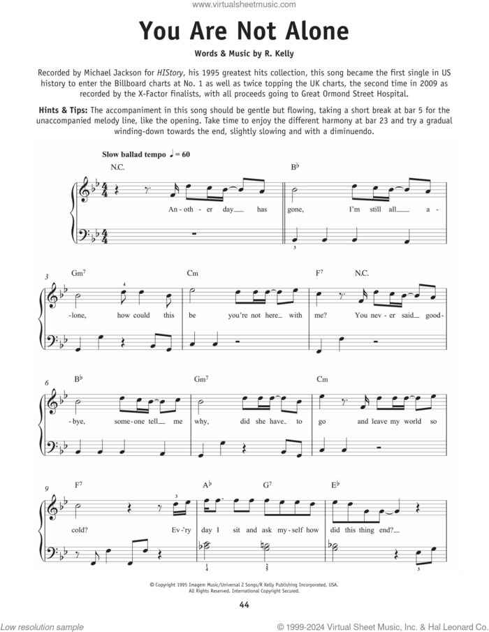 You Are Not Alone, (beginner) sheet music for piano solo by Michael Jackson and Robert Kelly, beginner skill level