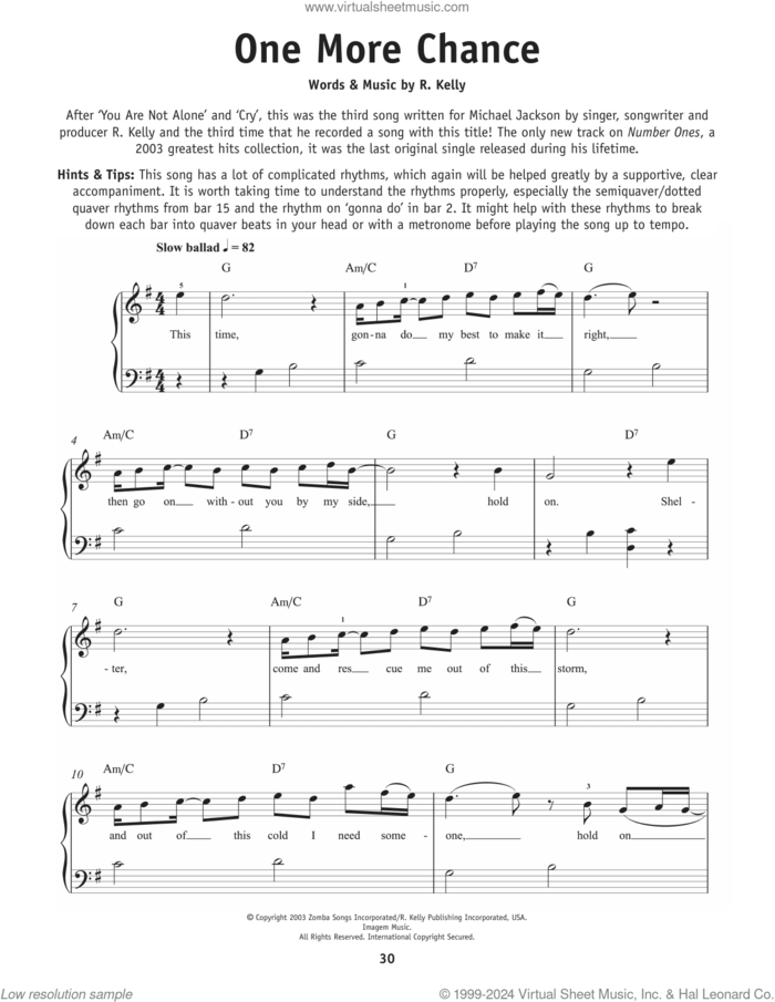 One More Chance, (beginner) sheet music for piano solo by Michael Jackson and Robert Kelly, beginner skill level