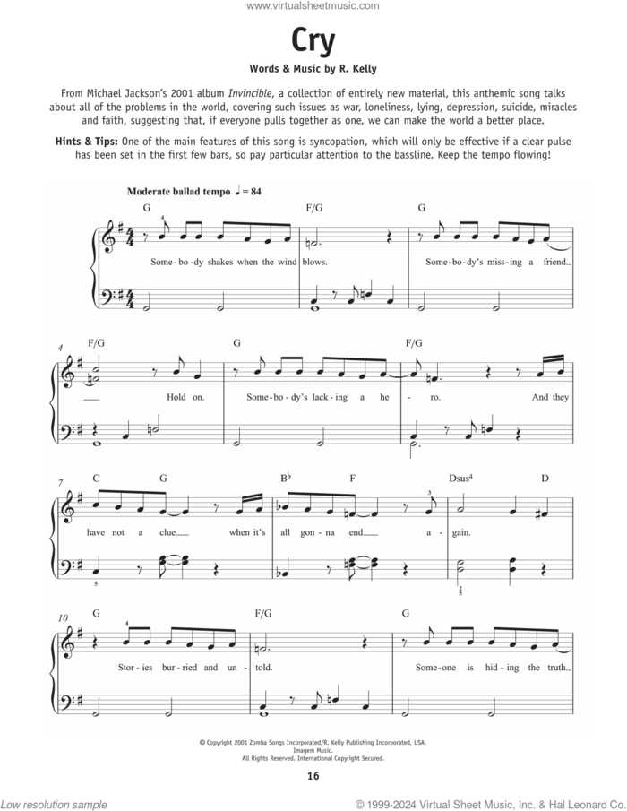 Cry, (beginner) sheet music for piano solo by Michael Jackson and Robert S. Kelly, beginner skill level