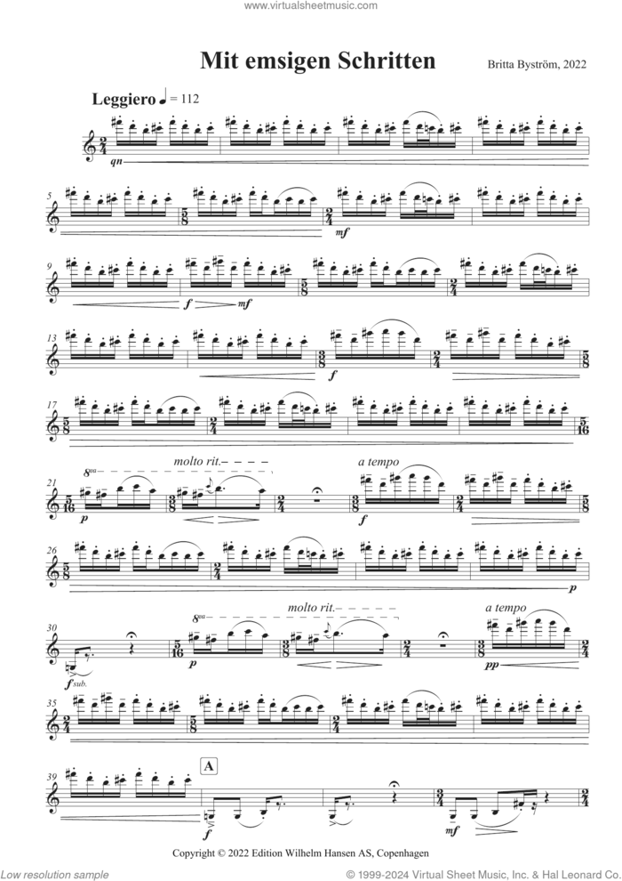 Mit Emsigen Schritten sheet music for violin solo by Nico Muhly, classical score, intermediate skill level