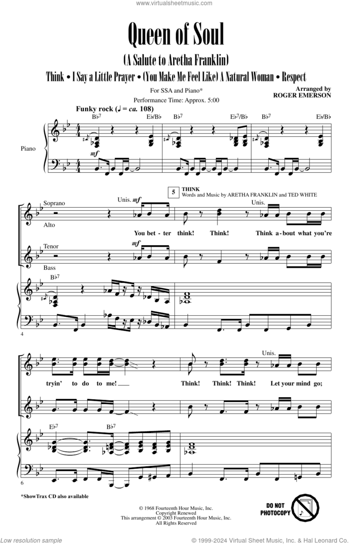 Queen Of Soul (A Salute to Aretha Franklin) sheet music for choir (SSA: soprano, alto) by Burt Bacharach, Roger Emerson, Aretha Franklin and Hal David, intermediate skill level