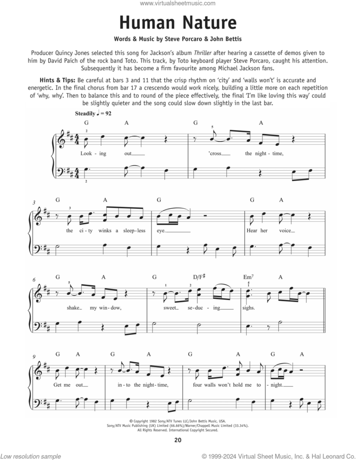 Human Nature sheet music for piano solo by Michael Jackson, John Bettis and Steve Porcaro, beginner skill level