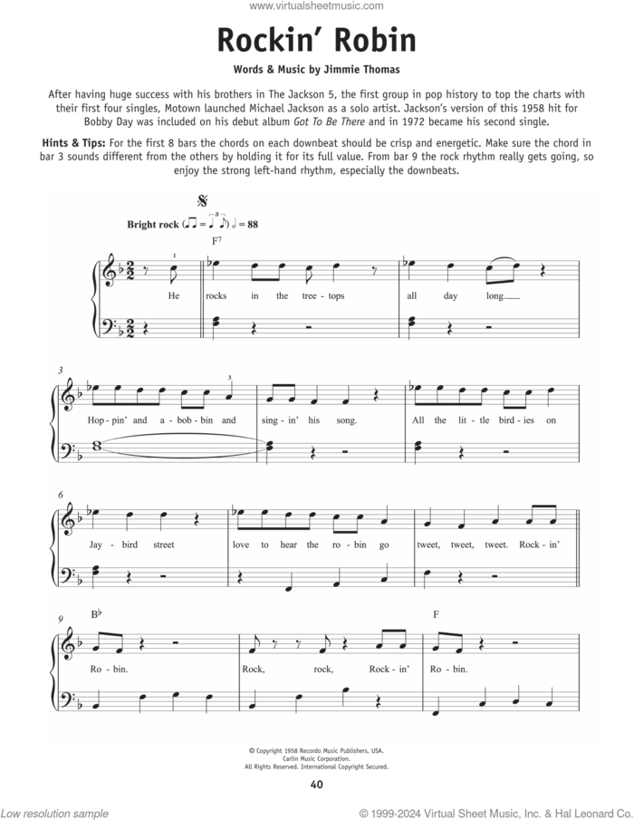 Rockin' Robin sheet music for piano solo by Michael Jackson, Bobby Day and Thomas Jimmie, beginner skill level