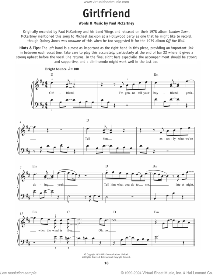 Girlfriend sheet music for piano solo by Michael Jackson and Paul McCartney, beginner skill level