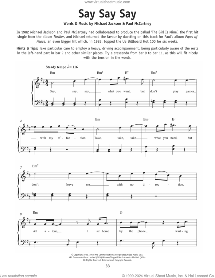 Say Say Say sheet music for piano solo by Paul McCartney, Paul McCartney and Michael Jackson and Michael Jackson, beginner skill level