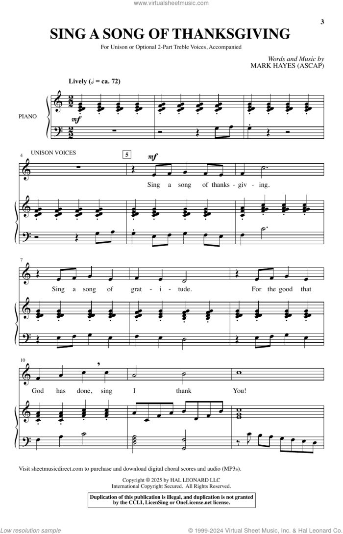 Sing A Song Of Thanksgiving sheet music for choir (Unison, 2-Part Treble) by Mark Hayes, intermediate skill level