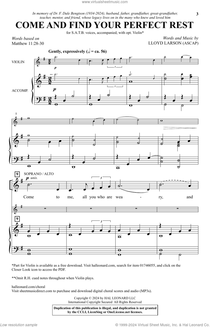 Come And Find Your Perfect Rest sheet music for choir (SATB: soprano, alto, tenor, bass) by Lloyd Larson and Matthew 11:28-30, intermediate skill level