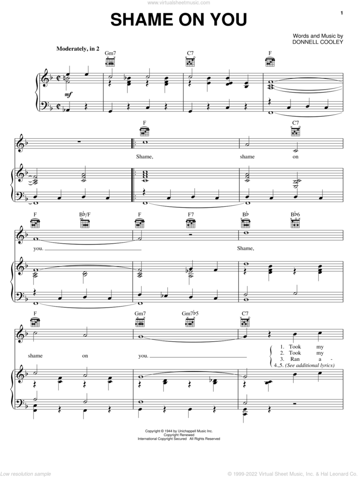 Shame On You sheet music for voice, piano or guitar by Spade Cooley and Donnell Cooley, intermediate skill level