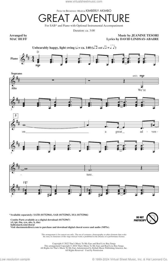 Great Adventure (from Kimberly Akimbo) (arr. Mac Huff) sheet music for choir (SAB: soprano, alto, bass) by David Lindsay-Abaire and Jeanine Tesori, Mac Huff, David Lindsay-Abaire and Jeanine Tesori, intermediate skill level