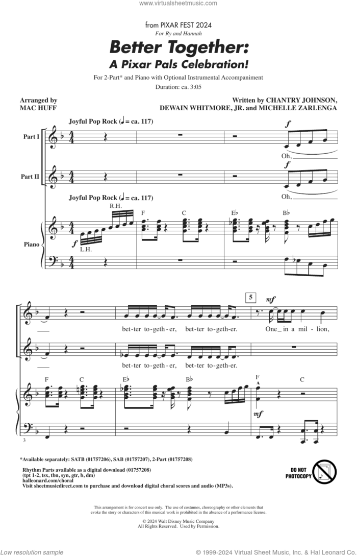 Better Together: A Pixar Pals Celebration! sheet music for choir (2-Part) by Mac Huff, Chantry Johnson, Dwain Whitmore and Michelle Zarlenga, intermediate duet