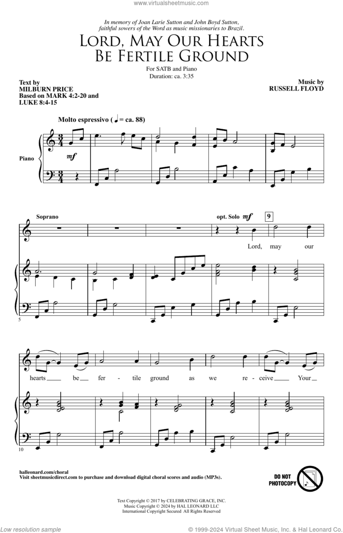 Lord, May Our Hearts Be Fertile Ground sheet music for choir (SATB: soprano, alto, tenor, bass) by Russell Floyd and Milburn Price, intermediate skill level