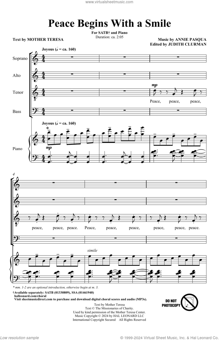 Peace Begins With A Smile sheet music for choir (SATB: soprano, alto, tenor, bass) by Annie Pasqua and Mother Teresa, intermediate skill level