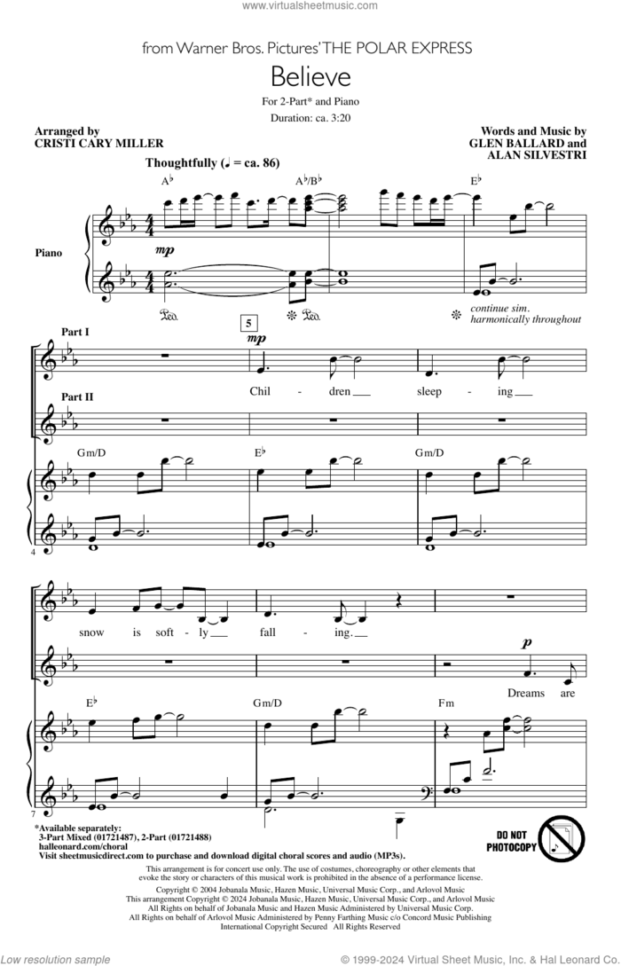 Believe (from The Polar Express) (arr. Cristi Cary Miller) sheet music for choir (2-Part) by Josh Groban, Cristi Cary Miller, Alan Silvestri and Glen Ballard, intermediate duet