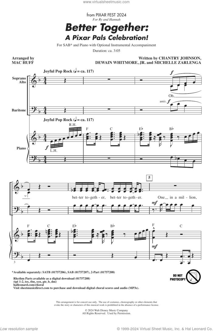 Better Together: A Pixar Pals Celebration! sheet music for choir (SAB: soprano, alto, bass) by Mac Huff, Chantry Johnson, Dwain Whitmore and Michelle Zarlenga, intermediate skill level