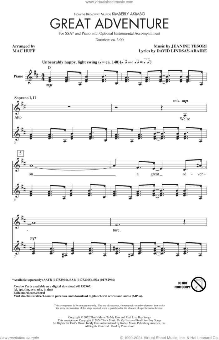 Great Adventure (from Kimberly Akimbo) (arr. Mac Huff) sheet music for choir (SSA: soprano, alto) by David Lindsay-Abaire and Jeanine Tesori, Mac Huff, David Lindsay-Abaire and Jeanine Tesori, intermediate skill level