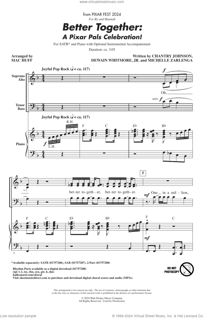 Better Together: A Pixar Pals Celebration! sheet music for choir (SATB: soprano, alto, tenor, bass) by Mac Huff, Chantry Johnson, Dwain Whitmore and Michelle Zarlenga, intermediate skill level