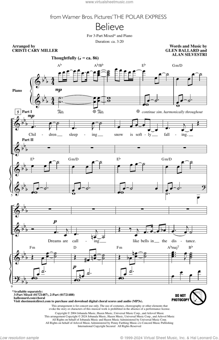 Believe (from The Polar Express) (arr. Cristi Cary Miller) sheet music for choir (3-Part Mixed) by Josh Groban, Cristi Cary Miller, Alan Silvestri and Glen Ballard, intermediate skill level