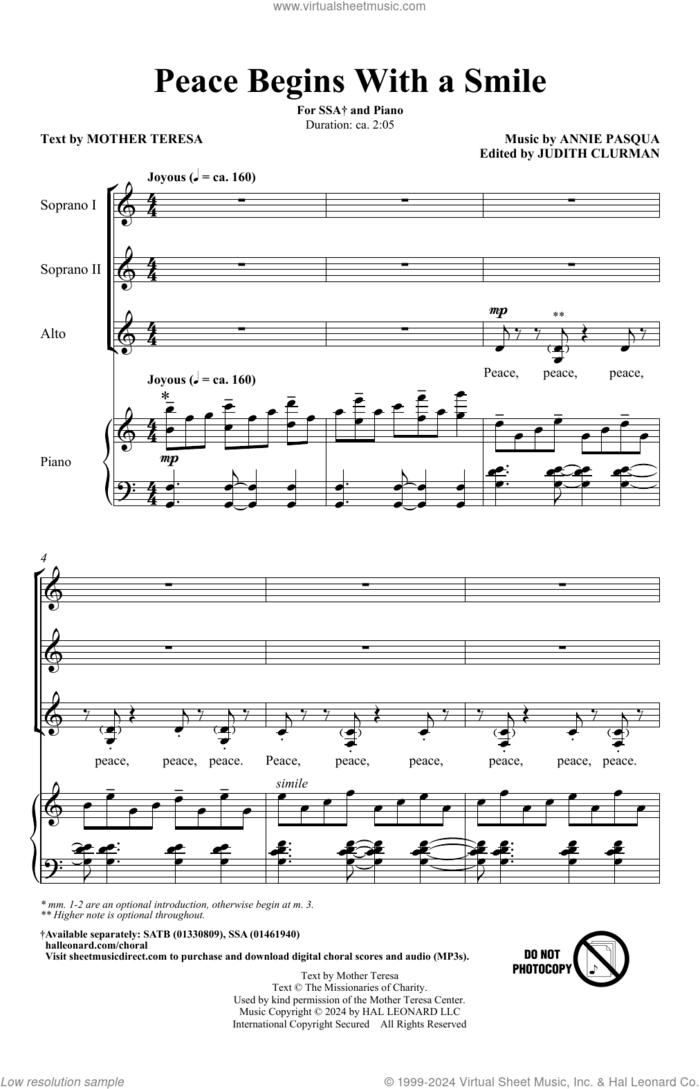 Peace Begins With A Smile sheet music for choir (SSA: soprano, alto) by Annie Pasqua and Mother Teresa, intermediate skill level