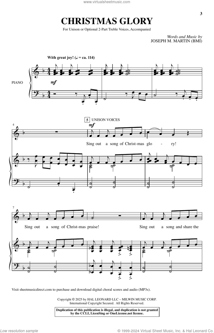 Christmas Glory sheet music for choir (Unison, 2-Part Treble) by Joseph M. Martin and Miscellaneous, intermediate skill level