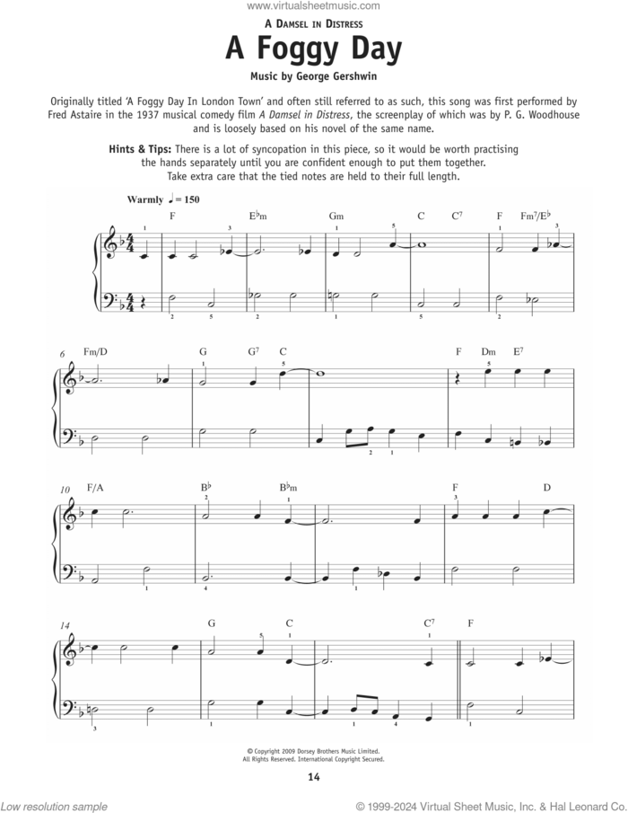 A Foggy Day (In London Town) (from A Damsel In Distress) sheet music for piano solo by George Gershwin and Ira Gershwin, beginner skill level