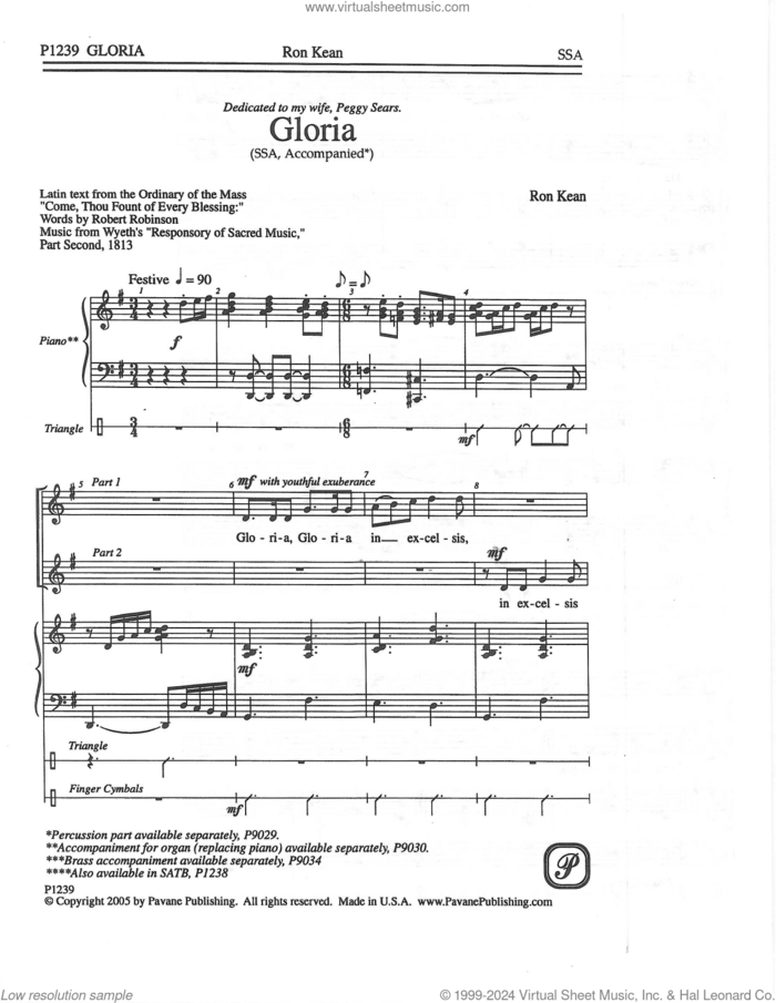 Gloria sheet music for choir (SSA: soprano, alto) by Ron Kean, intermediate skill level