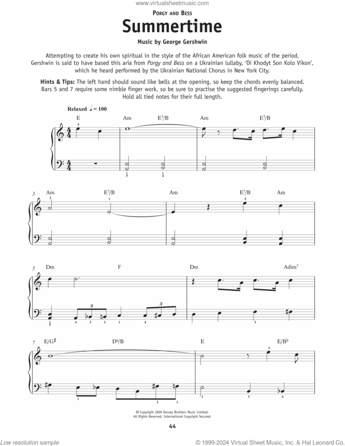 Summertime (from Porgy And Bess) sheet music for piano solo by George Gershwin, Dorothy Heyward, DuBose Heyward and Ira Gershwin, beginner skill level