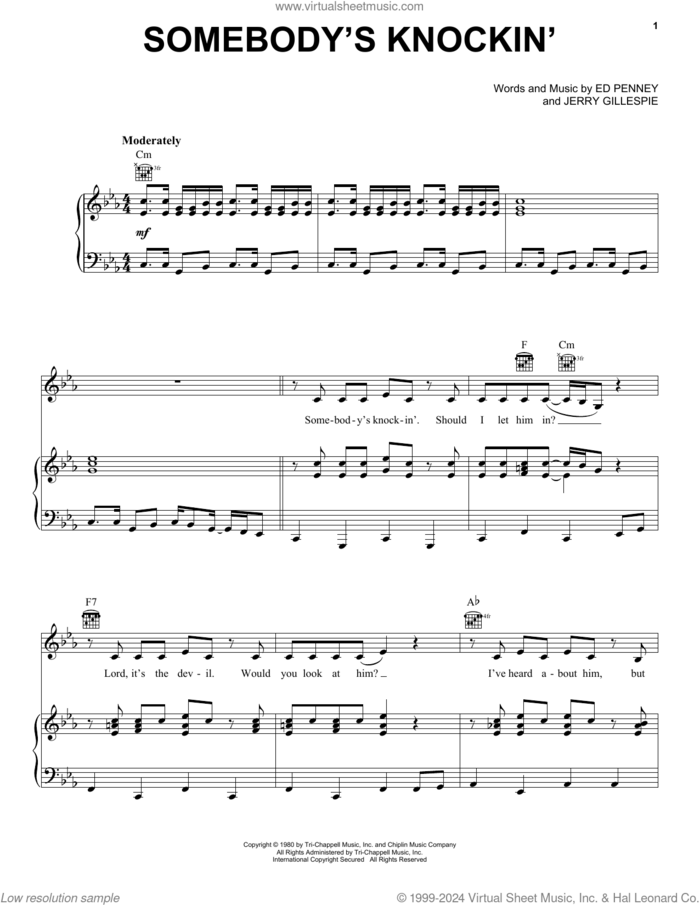 Somebody's Knockin' sheet music for voice, piano or guitar by Terri Gibbs, Ed Penney and Jerry Gillespie, intermediate skill level