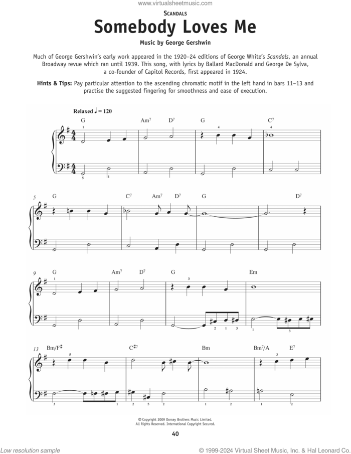 Somebody Loves Me sheet music for piano solo by George Gershwin, Ballard MacDonald and Buddy DeSylva, beginner skill level