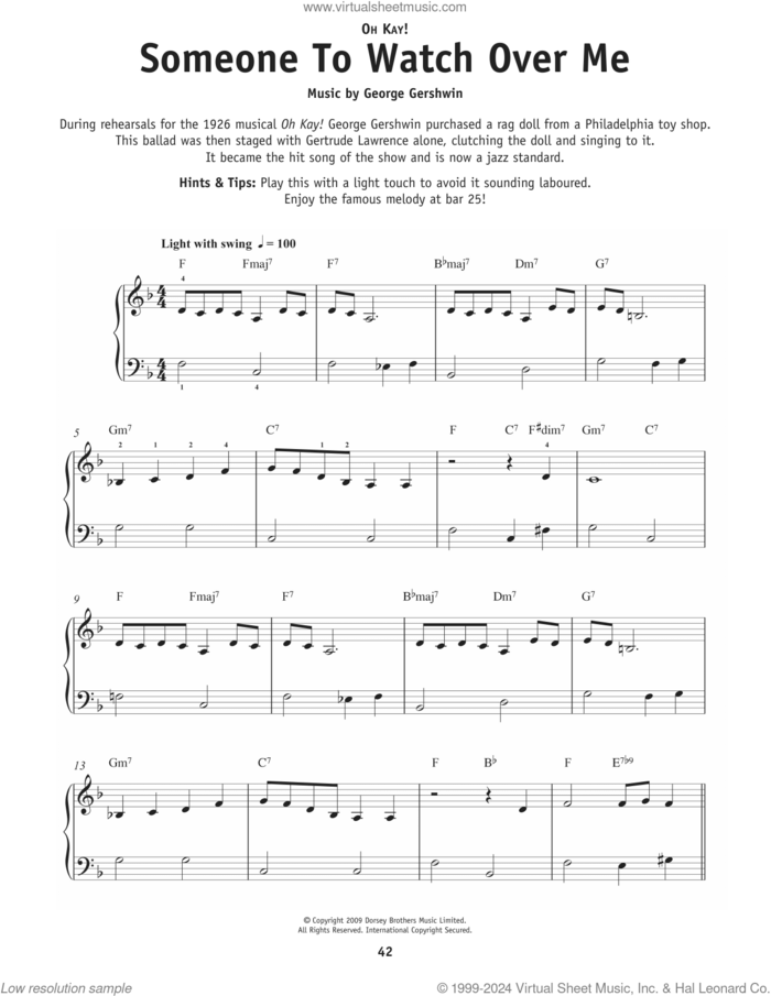 Someone To Watch Over Me sheet music for piano solo by George Gershwin and Ira Gershwin, beginner skill level