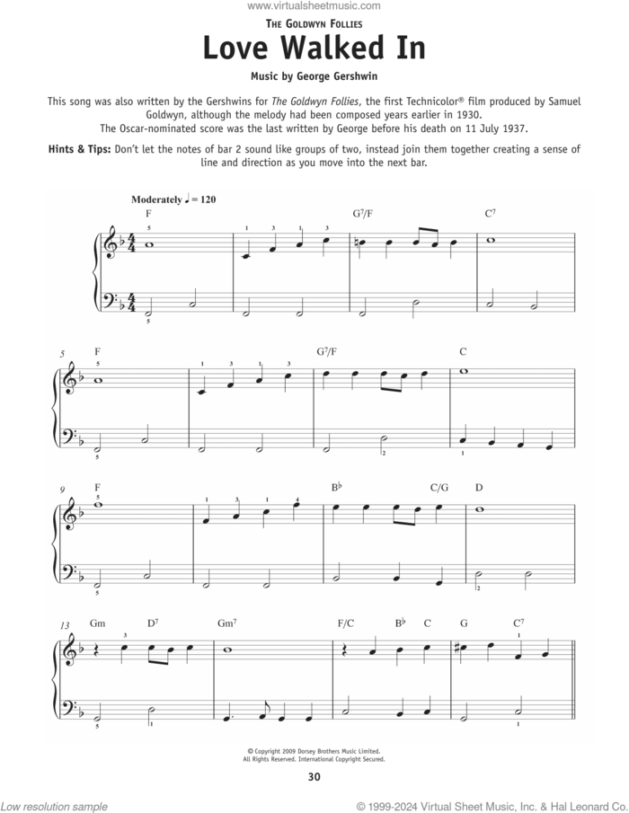 Love Walked In sheet music for piano solo by George Gershwin and Ira Gershwin, beginner skill level