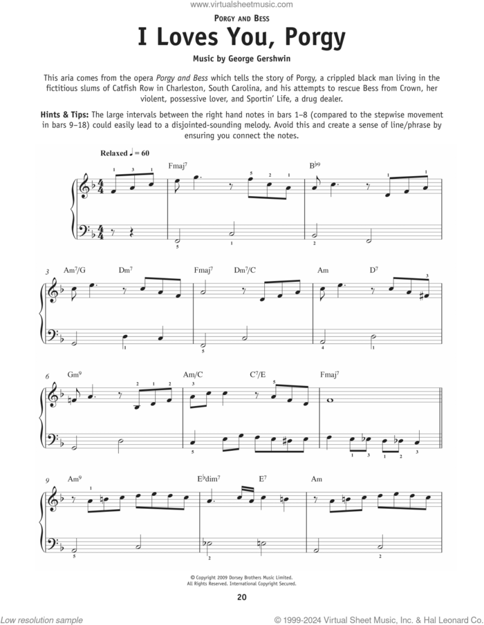 I Loves You, Porgy (from Porgy and Bess) sheet music for piano solo by George Gershwin, Dorothy Heyward, DuBose Heyward and Ira Gershwin, beginner skill level