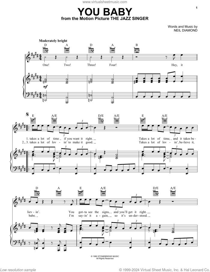 You Baby sheet music for voice, piano or guitar by Neil Diamond, intermediate skill level