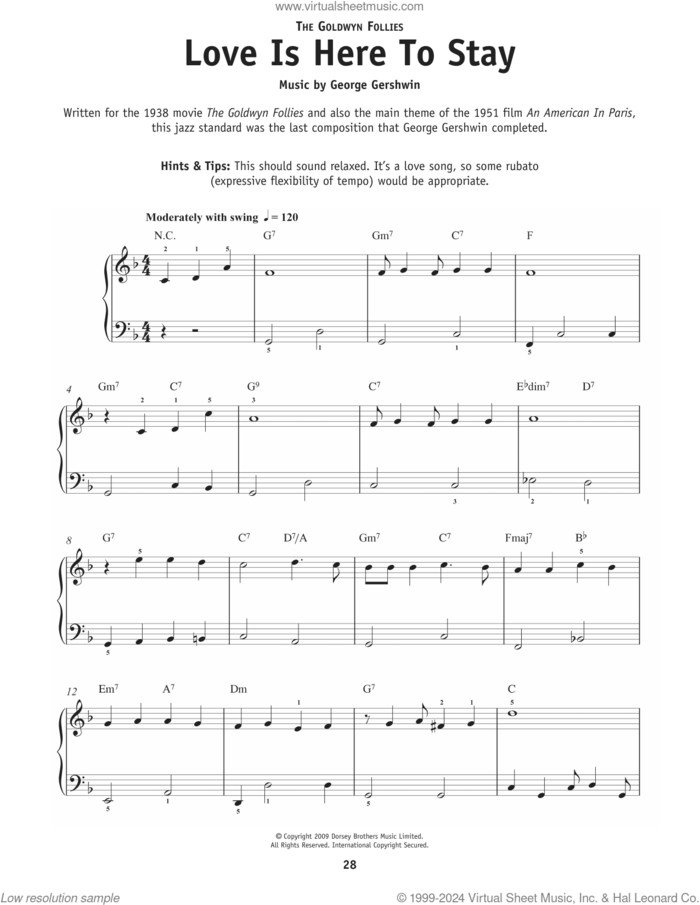 Love Is Here To Stay sheet music for piano solo by George Gershwin and Ira Gershwin, beginner skill level