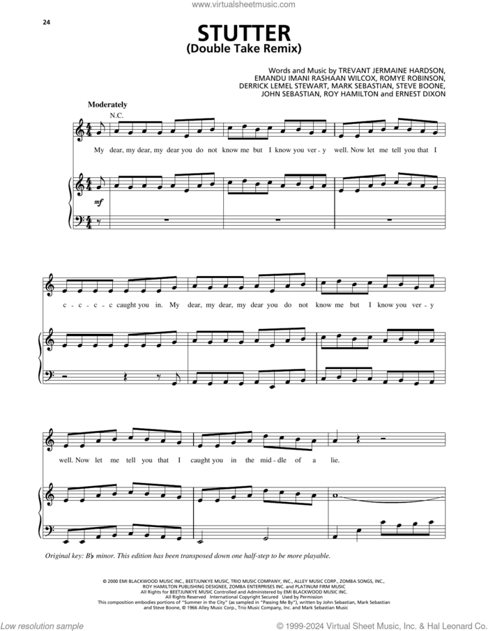 Stutter (feat. Mystikal) (Double Take Remix) sheet music for voice, piano or guitar by Joe, Derrick Lemel Stewart, Emandu Imani Rashaan Wilcox, Ernest Dixon, John Sebastian, Mark Sebastian, Romye Robinson, Roy Hamilton, Steve Boone and Trevant Jermaine Hardson, intermediate skill level