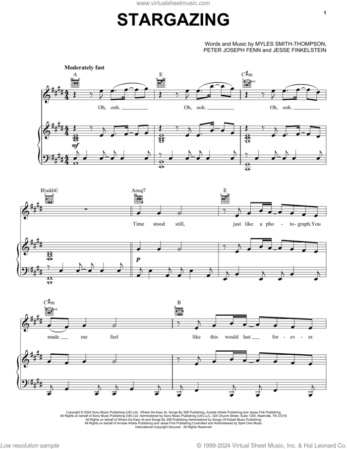 Stargazing sheet music for voice, piano or guitar by Myles Smith, Jesse Finkelstein, Myles Smith-Thompson and Peter Joseph Fenn, intermediate skill level