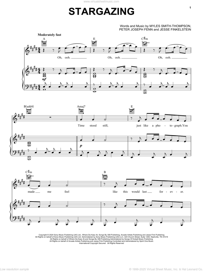 Stargazing sheet music for voice, piano or guitar by Myles Smith, Jesse Finkelstein, Myles Smith-Thompson and Peter Joseph Fenn, intermediate skill level