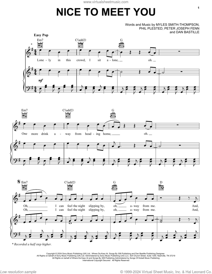 Nice To Meet You sheet music for voice, piano or guitar by Myles Smith, Dan Bastille, Myles Smith-Thompson, Peter Joseph Fenn and Phil Plested, intermediate skill level