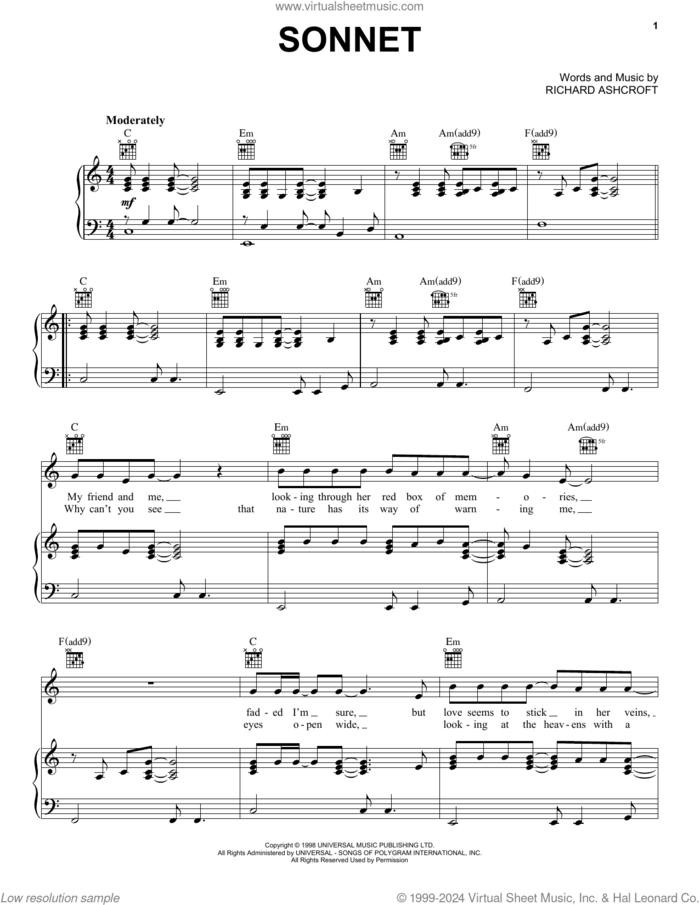 Sonnet (John Lewis 2024) sheet music for voice, piano or guitar by Richard Ashcroft and The Verve, intermediate skill level